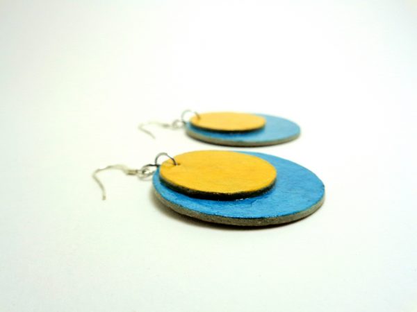 Boucles d'oreille rondes en carton - Bleu/Jaune - Argent 925