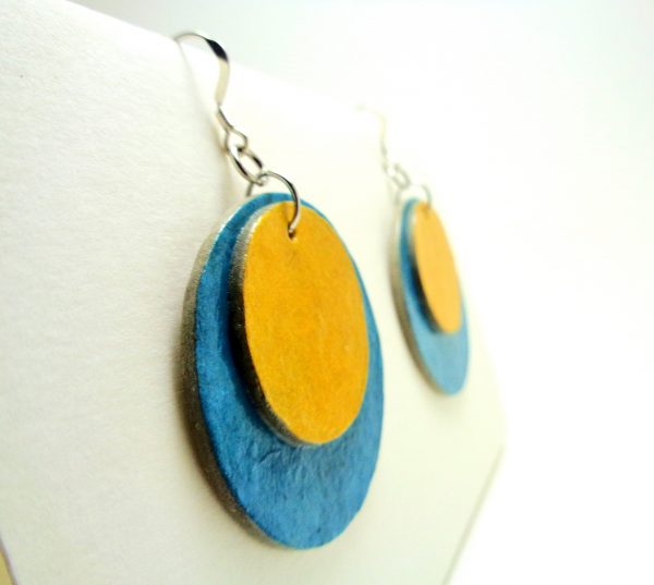 Boucles d'oreille rondes en carton - Bleu/Jaune - Argent 925