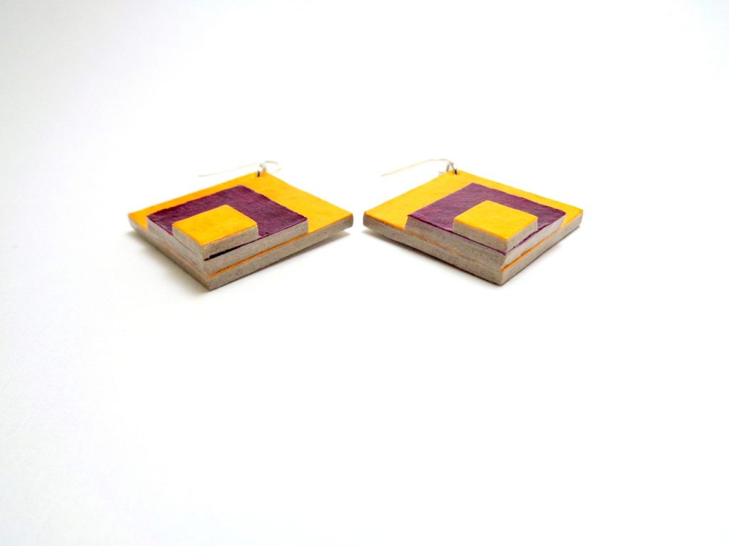 Boucles d'oreille en carton - grand losange - Jaune/Bordeaux - Argent 925