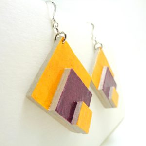 Boucles d'oreille en carton - grand losange - Jaune/Bordeaux - Argent 925