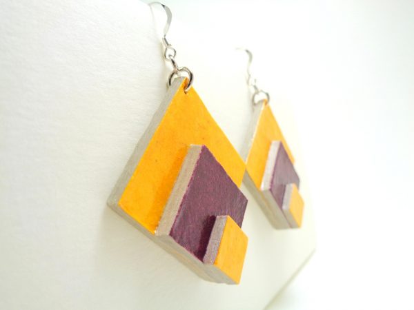 Boucles d'oreille en carton - grand losange - Jaune/Bordeaux - Argent 925