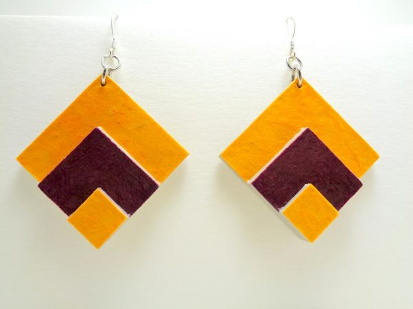 Boucles d'oreille en carton - grand losange - Jaune/Bordeaux - Argent 925