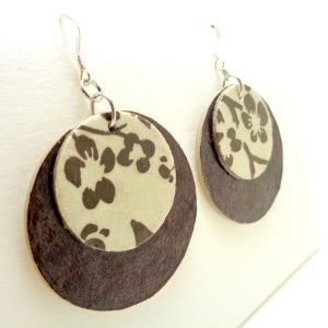 Boucles d'oreille rondes en carton - Marron/Blanc à motifs - Argent 925