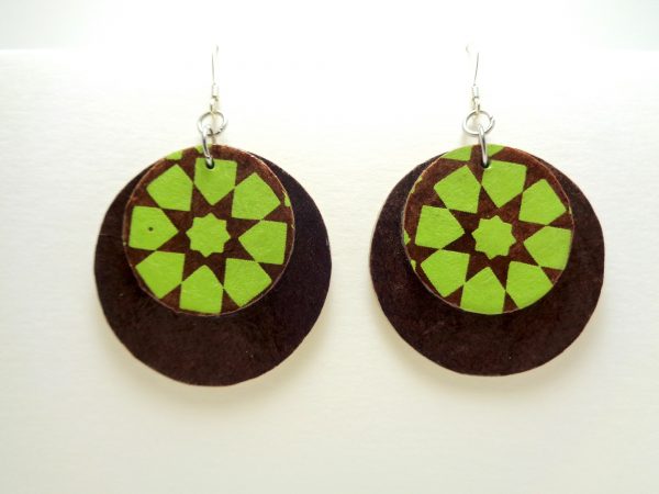 Boucles d'oreille rondes en carton - Marron/Vert étoilé - Argent 925