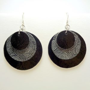 Boucles d'oreille rondes en carton - Noir /Gris cercles - Argent 925