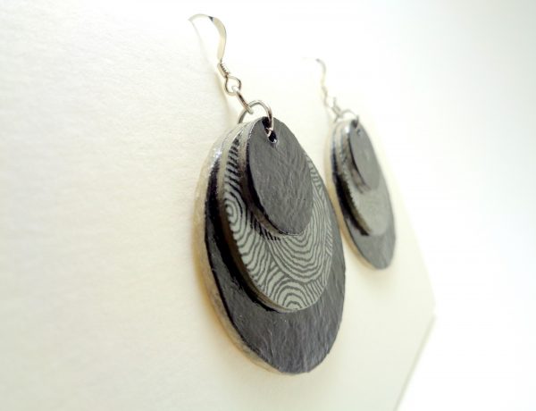 Boucles d'oreille rondes en carton - Noir /Gris cercles - Argent 925