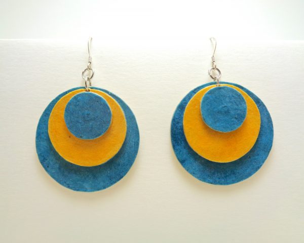 Boucles d'oreille rondes en carton - Bleu et jaune - Argent 925