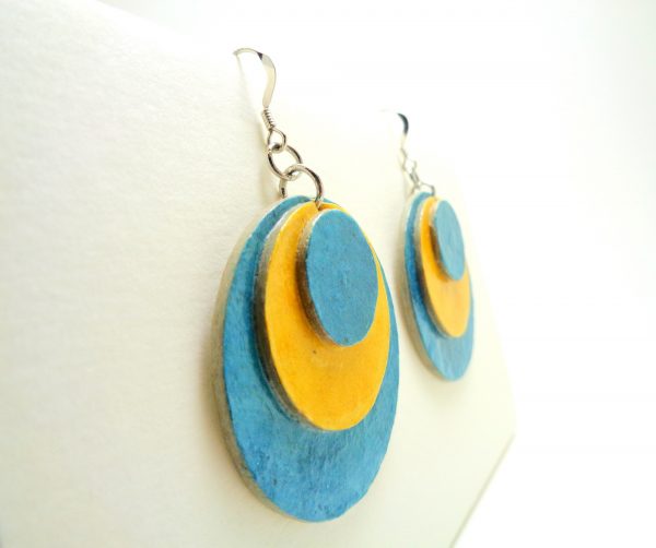 Boucles d'oreille rondes en carton - Bleu et jaune - Argent 925