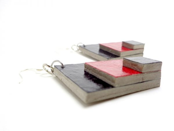 Boucles d'oreille en carton - Grand losange - Noir/Rouge carmin - Argent 925