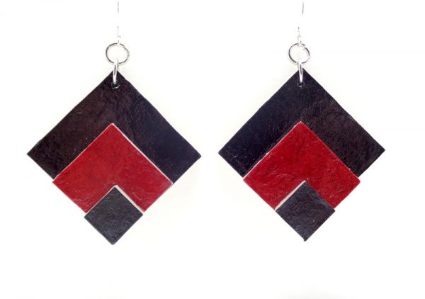 Boucles d'oreille en carton - Grand losange - Noir/Rouge carmin - Argent 925