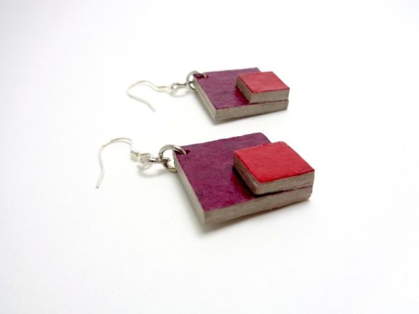 Boucles d'oreille en carton - petit losange - Bordeaux/Rouge carmin - argent 925