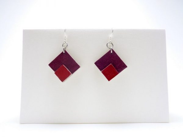 Boucles d'oreille en carton - petit losange - Bordeaux/Rouge carmin - argent 925