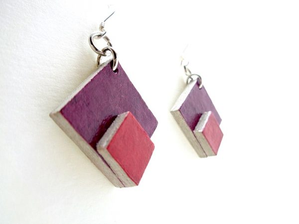 Boucles d'oreille en carton - petit losange - Bordeaux/Rouge carmin - argent 925