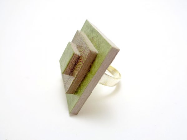 Bague carrée en carton - Vert olive/Ronds Verts