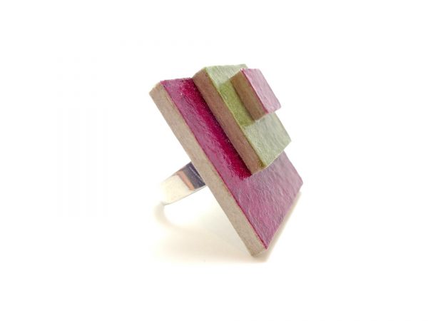 Bague carrée en carton - Bordeaux/Vert oliv