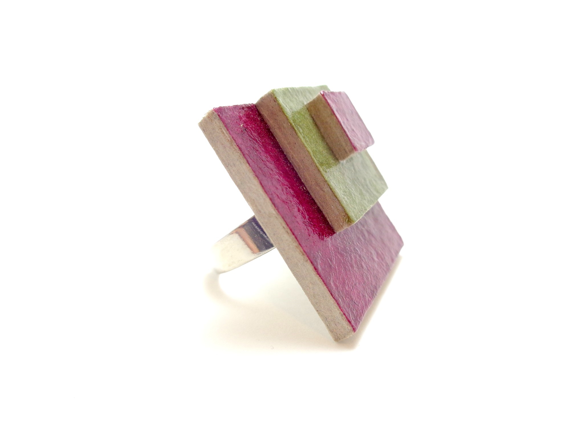 Bague carrée en carton - Bordeaux/Vert oliv – Image 2
