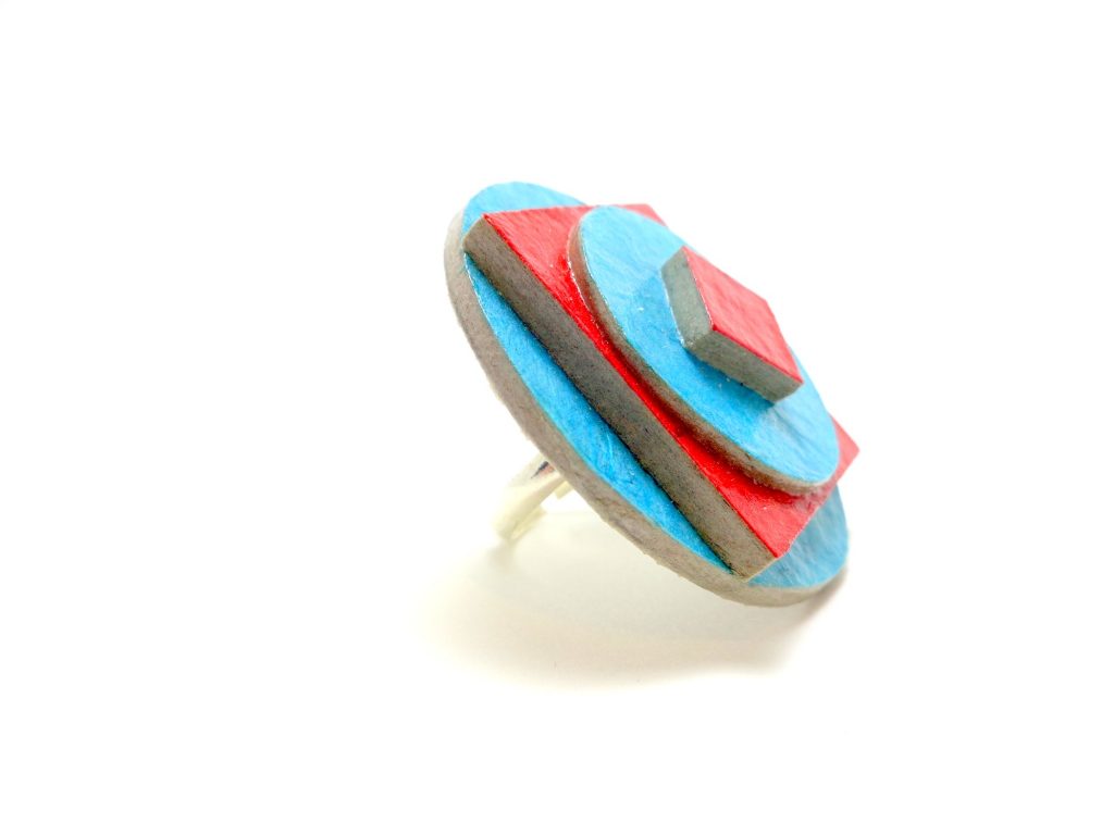 Bague ronde en carton - Bleu turquoise/Rouge