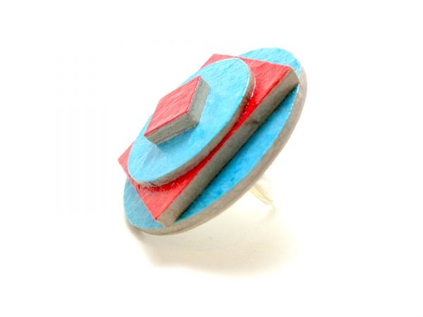 Bague ronde en carton - Bleu turquoise/Rouge