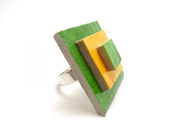 Bague carrée en carton - Vert/Jaune
