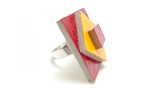 Bague carrée en carton - Rouge carmin/Jaune