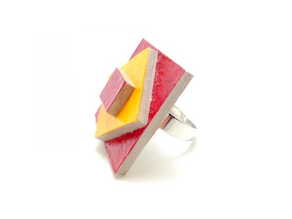 Bague carrée en carton - Rouge carmin/Jaune