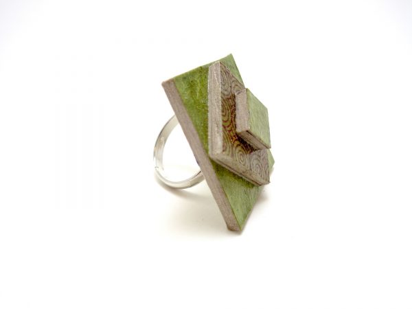 Bague losange en carton - Vert olive/Ronds verts