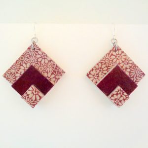 Boucles d'oreille en carton - grand losange- Fleurs bordeaux/Bordeaux - Argent 925