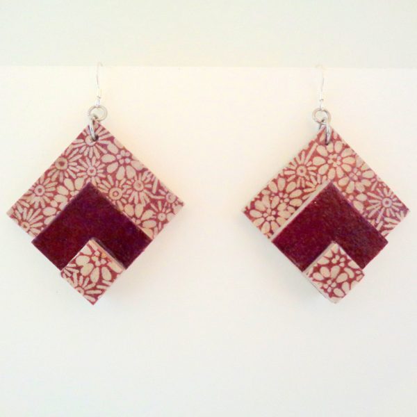 Boucles d'oreille en carton - grand losange- Fleurs bordeaux/Bordeaux - Argent 925