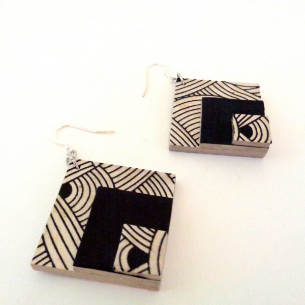 Boucles d'oreille en carton - grand losange- Blanc noeuds/Noir - Argent 925