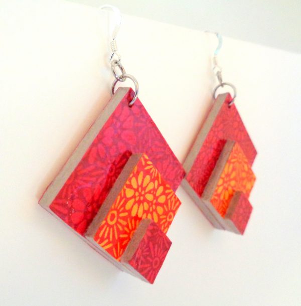 Boucles d'oreille en carton - grand losange - Fleurs rouge et orange - Argent 925