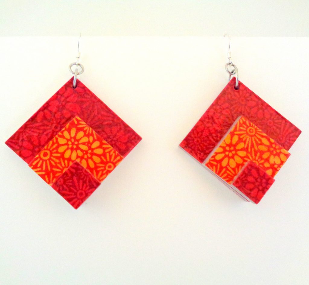 Boucles d'oreille en carton - grand losange - Fleurs rouge et orange - Argent 925