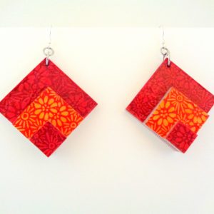 Boucles d'oreille en carton - grand losange - Fleurs rouge et orange - Argent 925