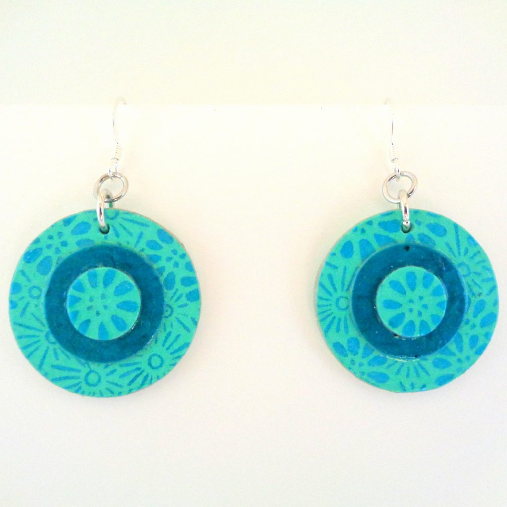 Boucles d'oreille en carton - Petites rondes X3 - Fleurs Bleu/Bleu turquoise - Argent 925