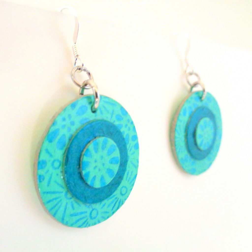 Boucles d'oreille en carton - Petites rondes X3 - Fleurs Bleu/Bleu turquoise - Argent 925