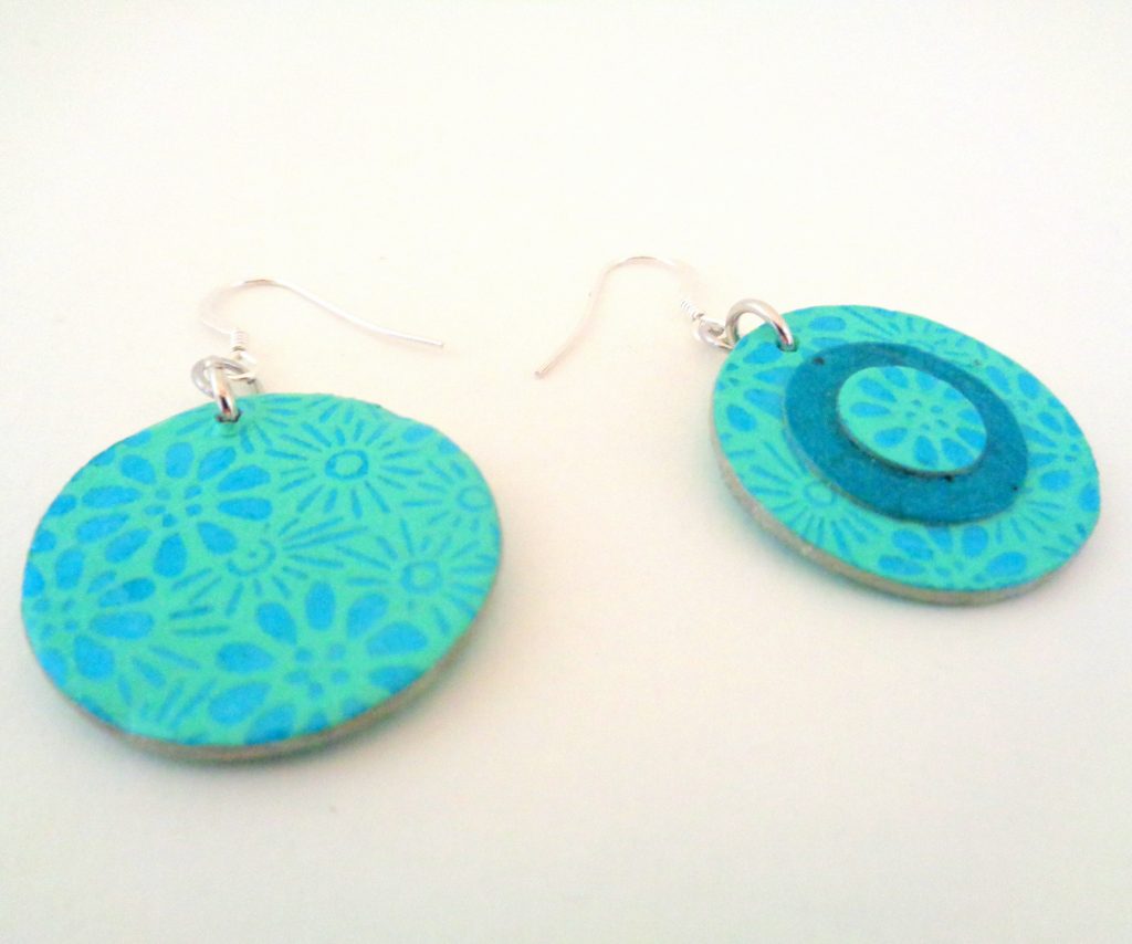 Boucles d'oreille en carton - Petites rondes X3 - Fleurs Bleu/Bleu turquoise - Argent 925