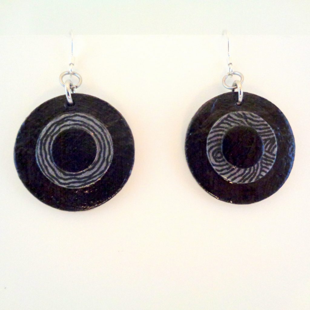 Boucles d'oreille en carton - Petites rondes X3 - Noir/Cercles gris - Argent 925