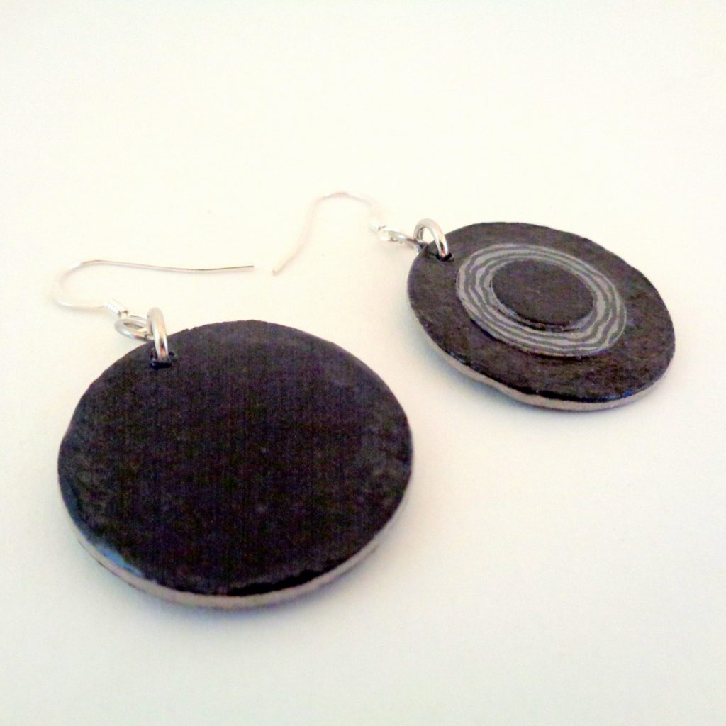 Boucles d'oreille en carton - Petites rondes X3 - Noir/Cercles gris - Argent 925
