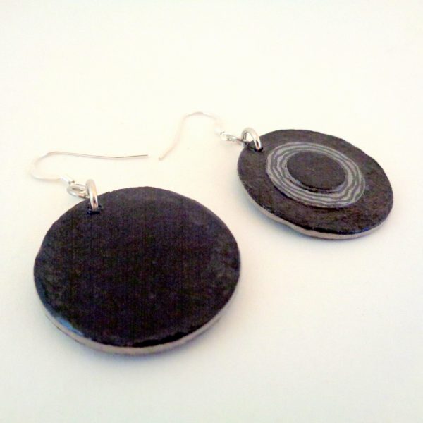 Boucles d'oreille en carton - Petites rondes X3 - Noir/Cercles gris - Argent 925