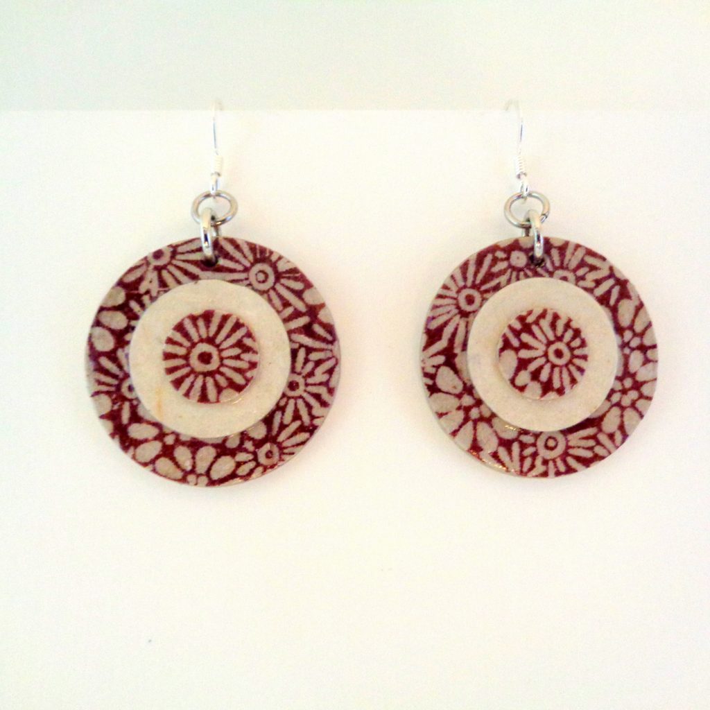 Boucles d'oreille en carton - Petites rondes X3 - Fleurs bordeaux/Blanc - Argent 925