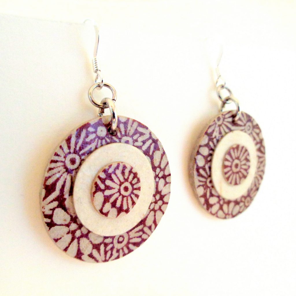 Boucles d'oreille en carton - Petites rondes X3 - Fleurs bordeaux/Blanc - Argent 925