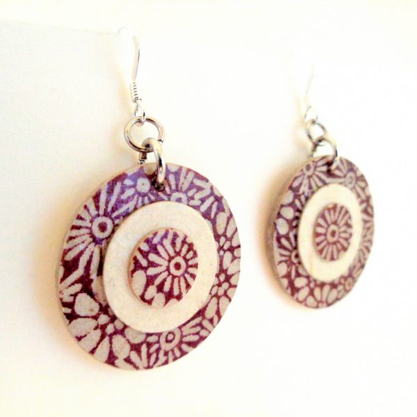 Boucles d'oreille en carton - Petites rondes X3 - Fleurs bordeaux/Blanc - Argent 925
