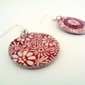 Boucles d'oreille en carton - Petites rondes X3 - Bordeaux fleurs/Bordeaux - Argent 925 – Image 3