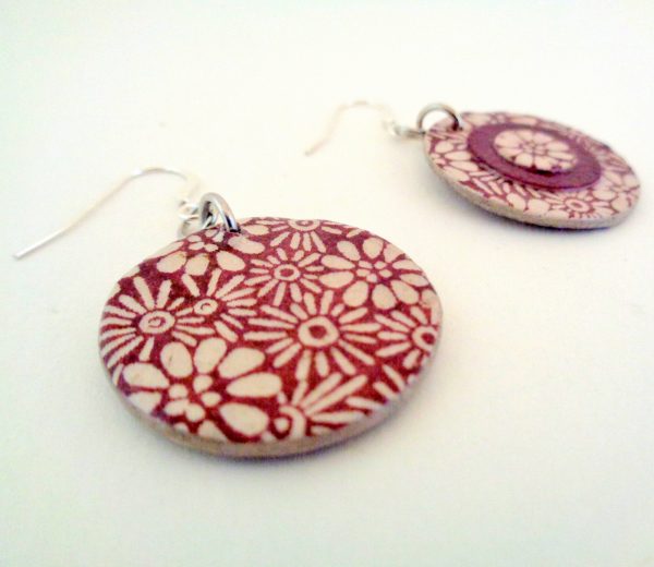 Boucles d'oreille en carton - Petites rondes X3 - Bordeaux fleurs/Bordeaux - Argent 925