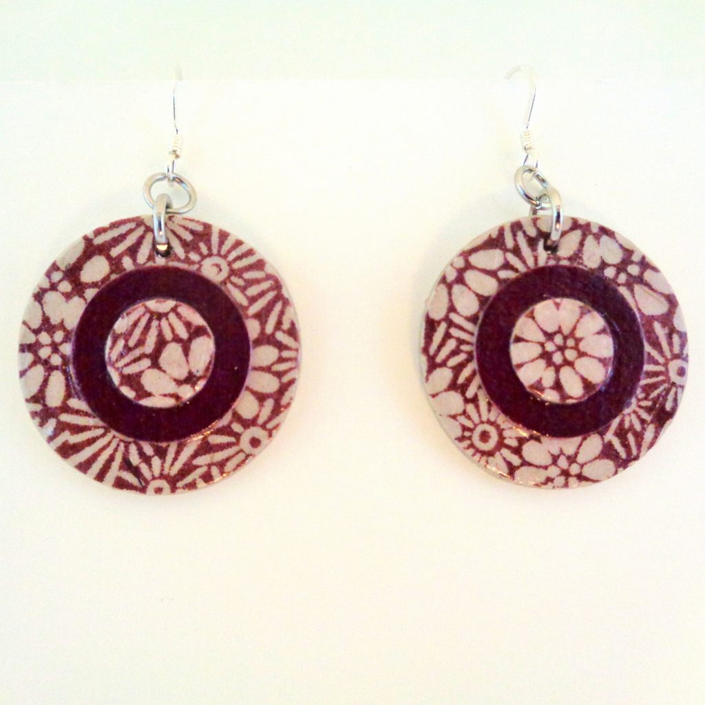Boucles d'oreille en carton - Petites rondes X3 - Bordeaux fleurs/Bordeaux - Argent 925
