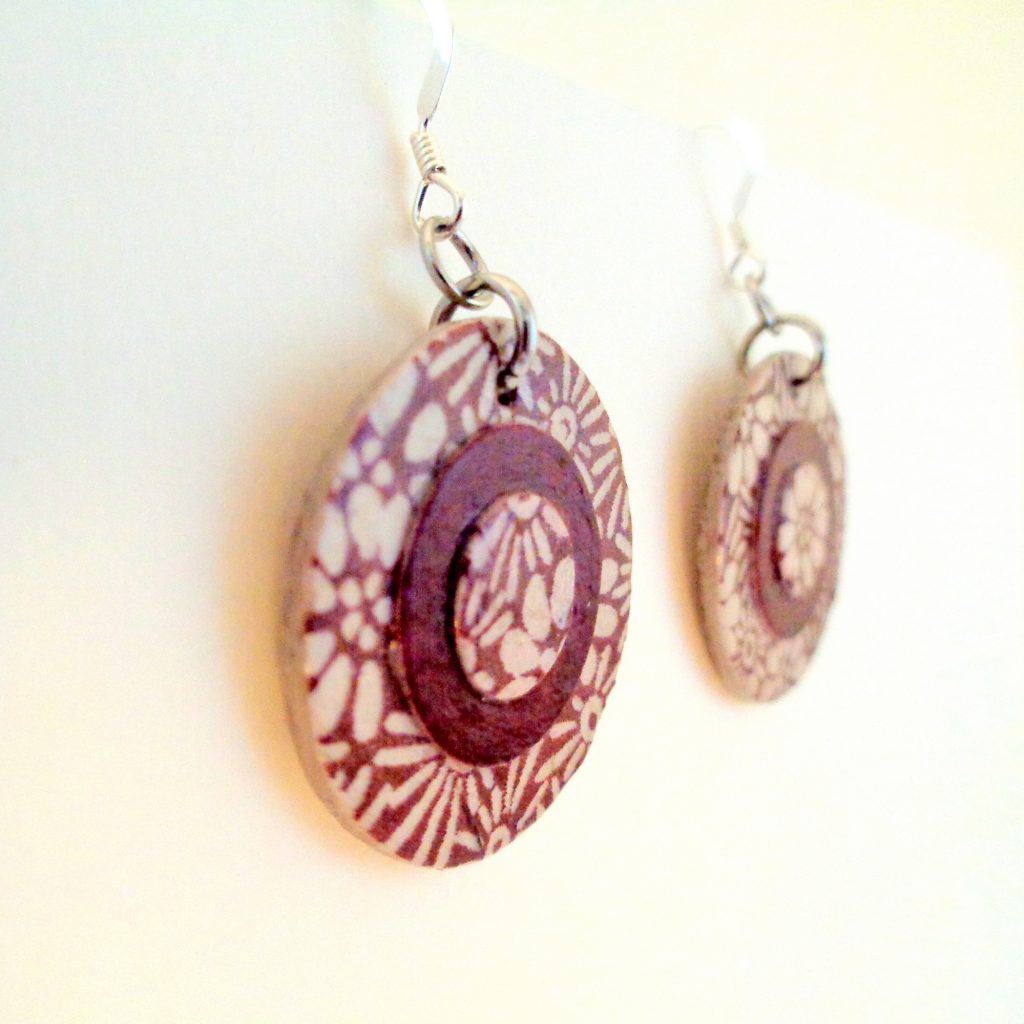 Boucles d'oreille en carton - Petites rondes X3 - Bordeaux fleurs/Bordeaux - Argent 925