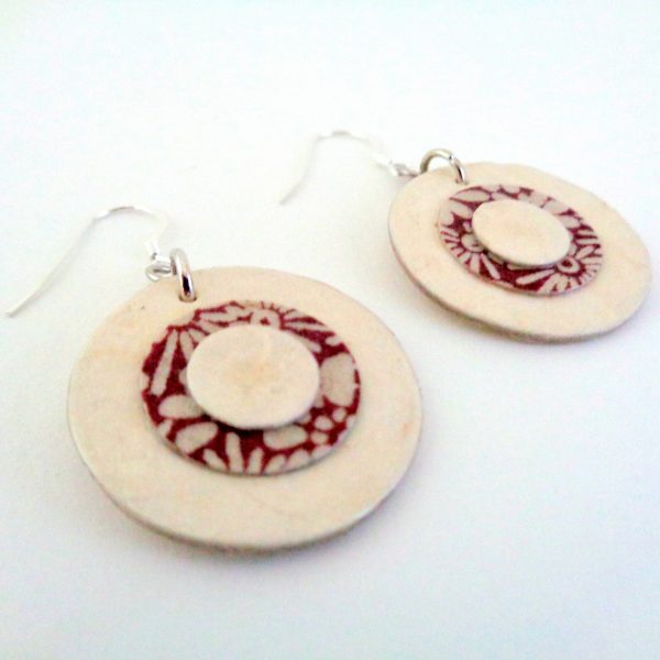 Boucles d'oreille en carton - Petites rondes X3 - Blanc/Fleurs bordeaux - Argent 925