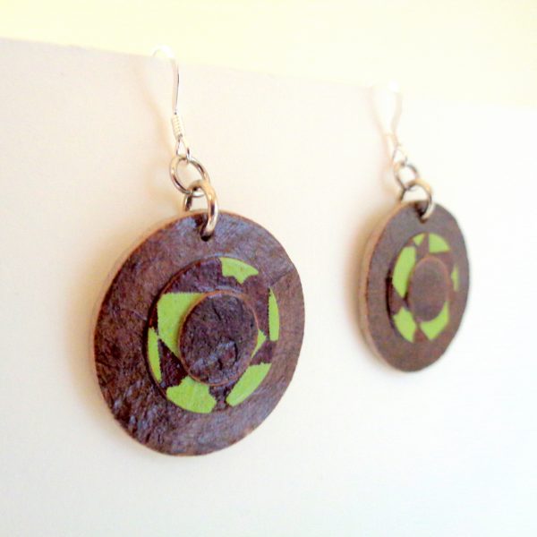 Boucles d'oreille en carton - Petites rondes X3 - Marron/Vert étoile - Argent 925