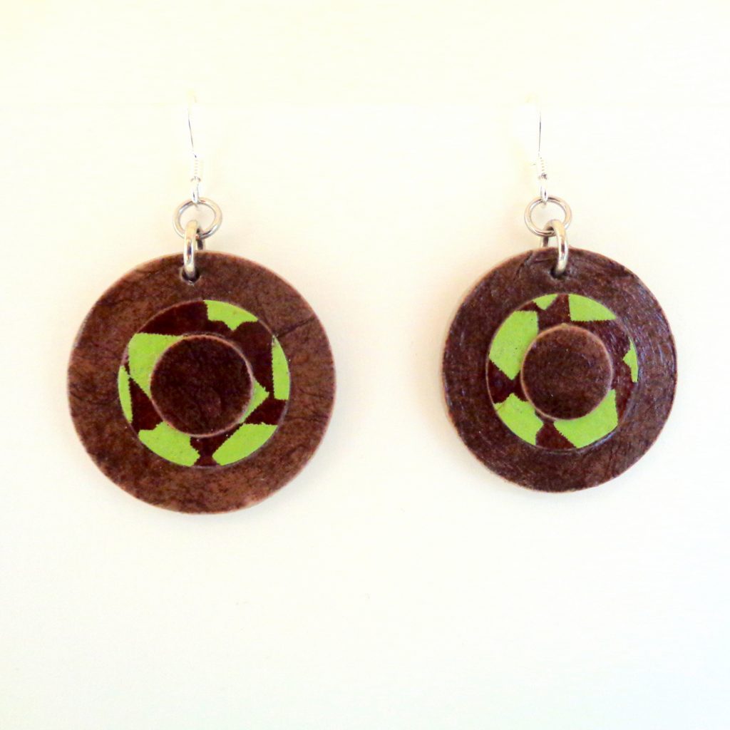 Boucles d'oreille en carton - Petites rondes X3 - Marron/Vert étoile - Argent 925