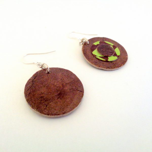 Boucles d'oreille en carton - Petites rondes X3 - Marron/Vert étoile - Argent 925