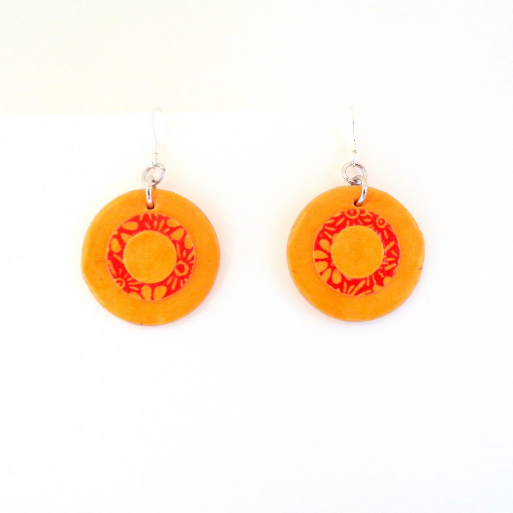 Boucles d'oreille en carton - Petites rondes X3 - Jaune ocre/Fleurs orange - Argent 925